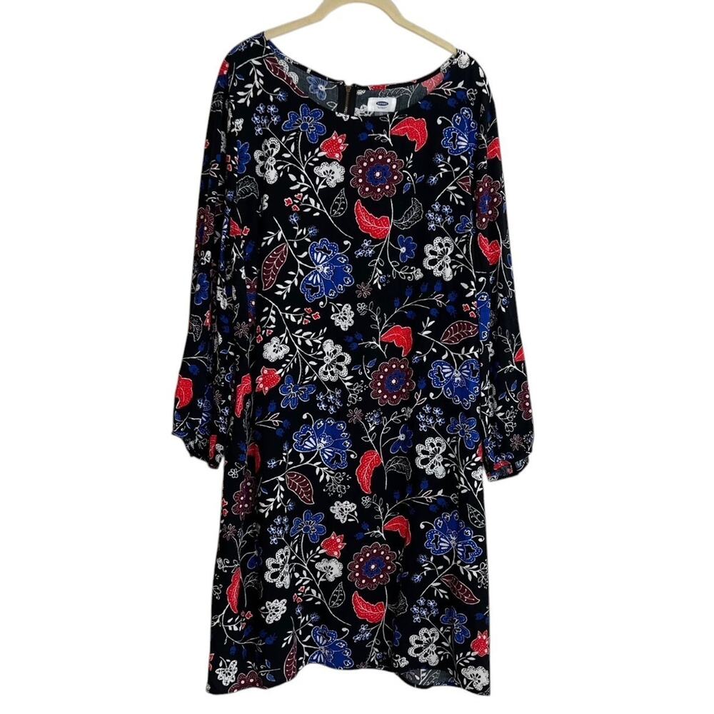 Old Navy Womens Dress XL Tall Black Red Blue Floral Long Sleeve Knee Length